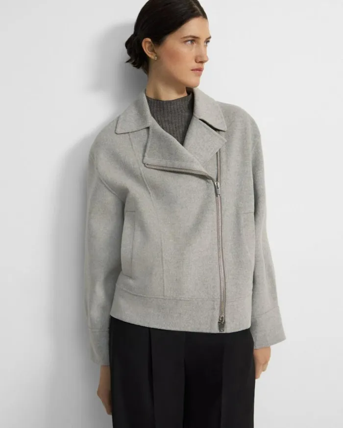 Outerwear Women Theory Oversized Moto Jacket In DoubleFace WoolCashmere Melange Grey