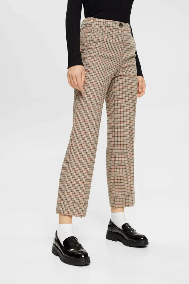 Pants Joggers Women Esprit HighRise Checked Trousers Sand