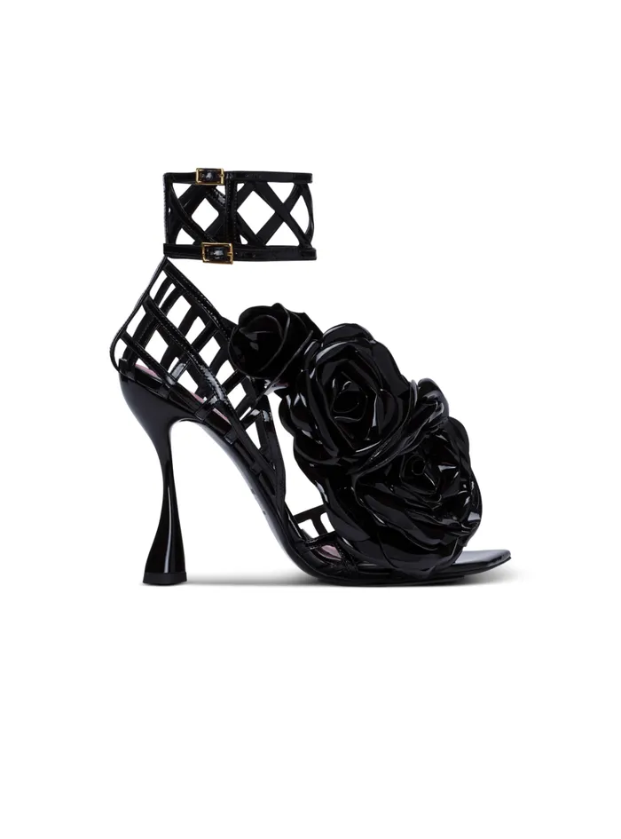 Patent Leather Eden Sandals With Flowers Black Women Balmain High Heels and Pumps