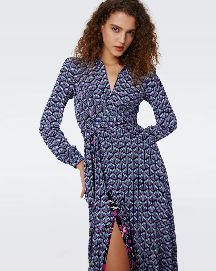 Phoenix Reversible Mesh Wrap Dress Fishnet Floral And Stadium Geo Purple Women DVF Dresses