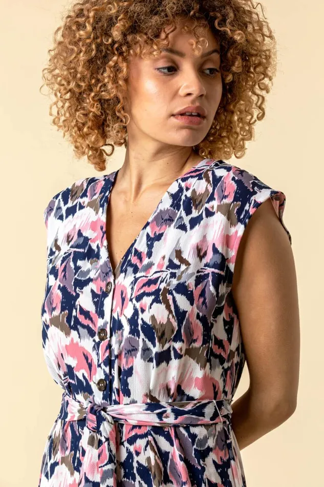 Pink Abstract Floral Print Button Down Dress Women Roman Dresses