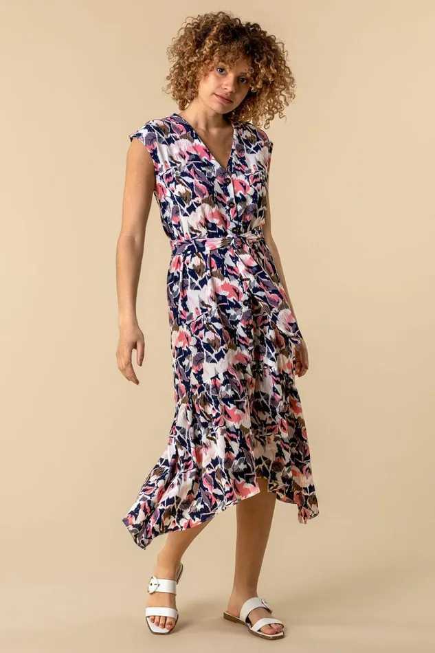Pink Abstract Floral Print Button Down Dress Women Roman Dresses