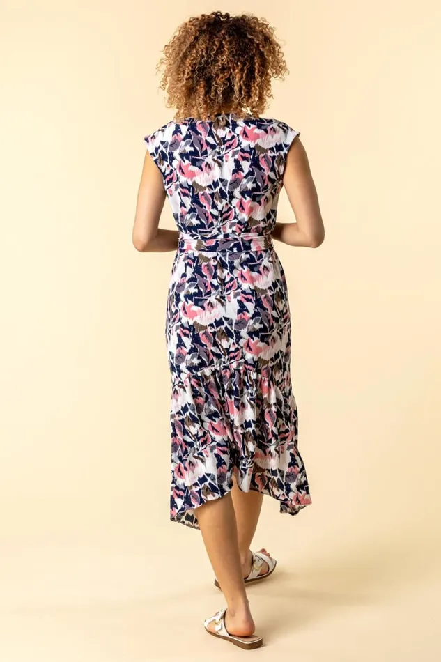 Pink Abstract Floral Print Button Down Dress Women Roman Dresses