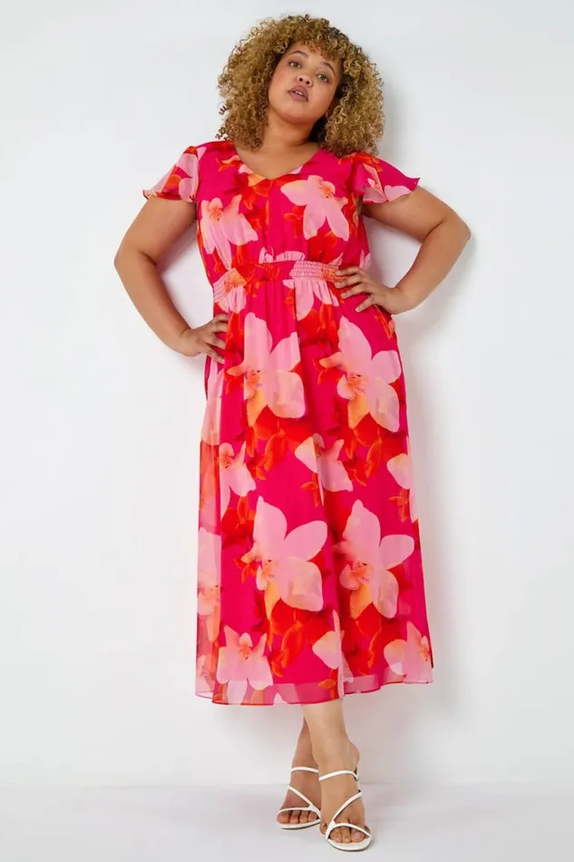 Pink Curve Floral Shirred Chiffon Maxi Dress Women Roman Dresses