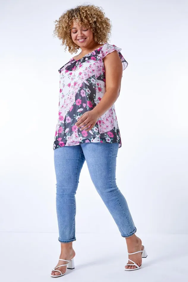 Pink Curve Patchwork Floral Chiffon Bardot Top Women Roman Tops