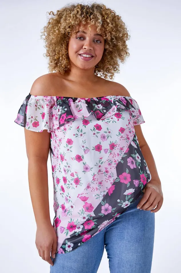 Pink Curve Patchwork Floral Chiffon Bardot Top Women Roman Tops