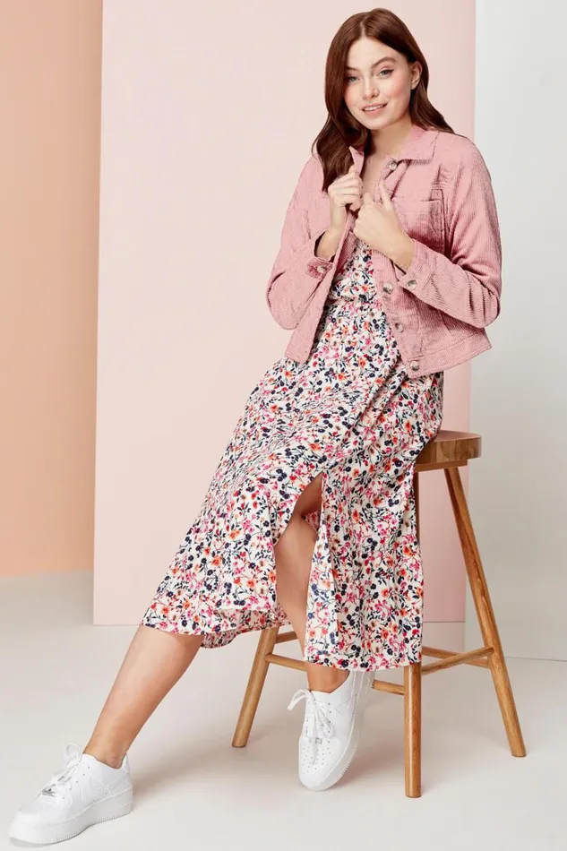 Pink Ditsy Floral Tiered Midi Dress Women Roman Dresses