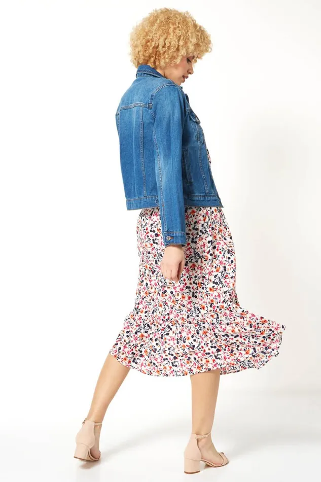 Pink Ditsy Floral Tiered Midi Dress Women Roman Dresses