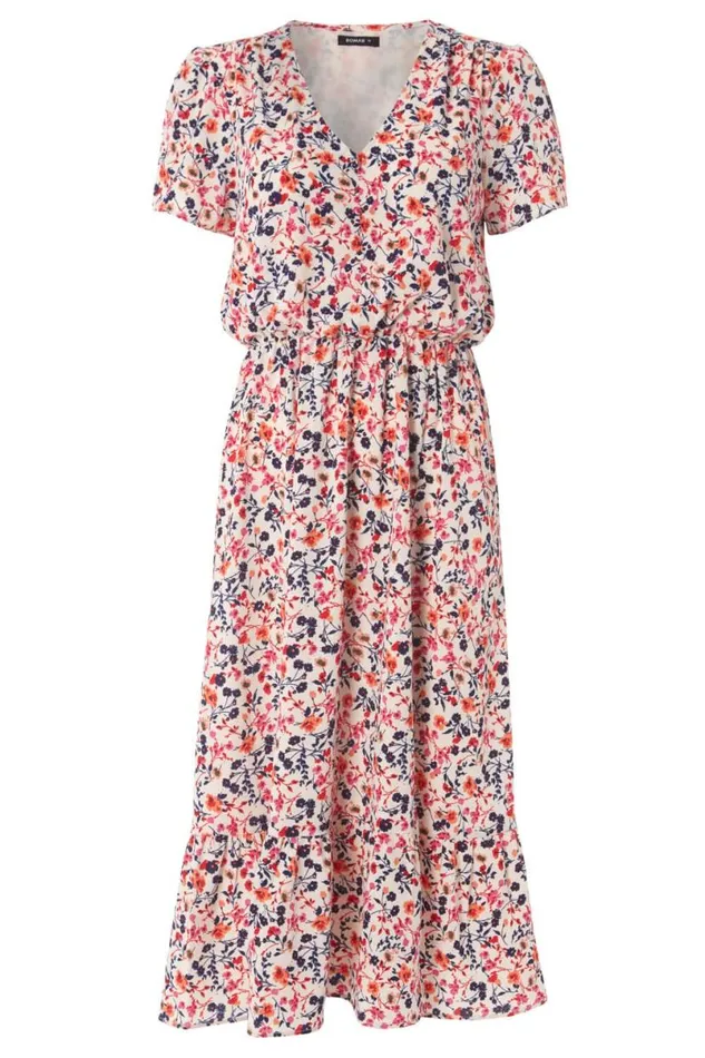 Pink Ditsy Floral Tiered Midi Dress Women Roman Dresses