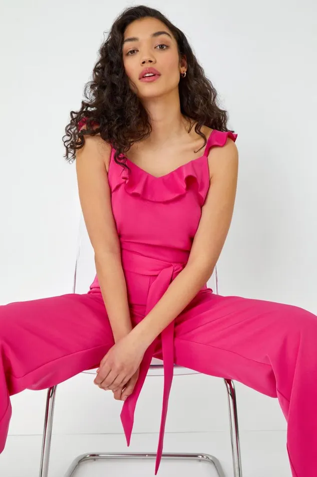 Pink Frill Detail Wide Leg Jumpsuit Women Roman Occasionwear