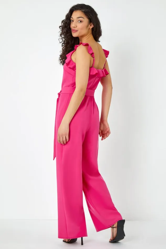 Pink Frill Detail Wide Leg Jumpsuit Women Roman Occasionwear