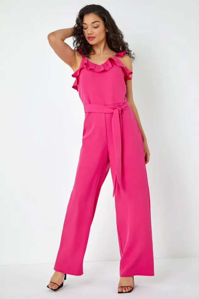 Pink Frill Detail Wide Leg Jumpsuit Women Roman Occasionwear