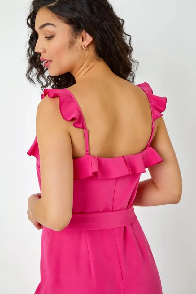 Pink Frill Detail Wide Leg Jumpsuit Women Roman Occasionwear