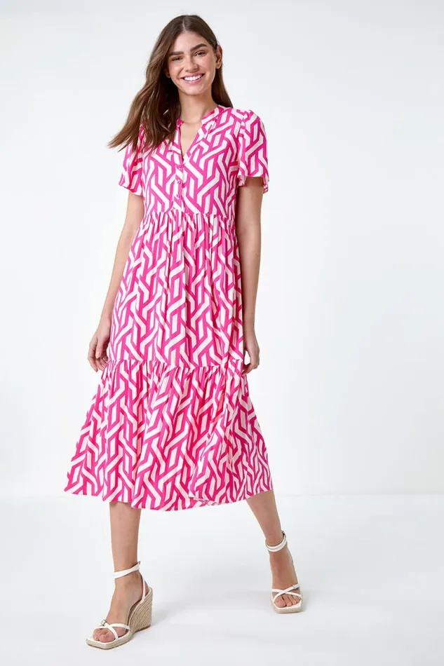 Pink Geometric Print Tiered Midi Dress Women Roman Dresses