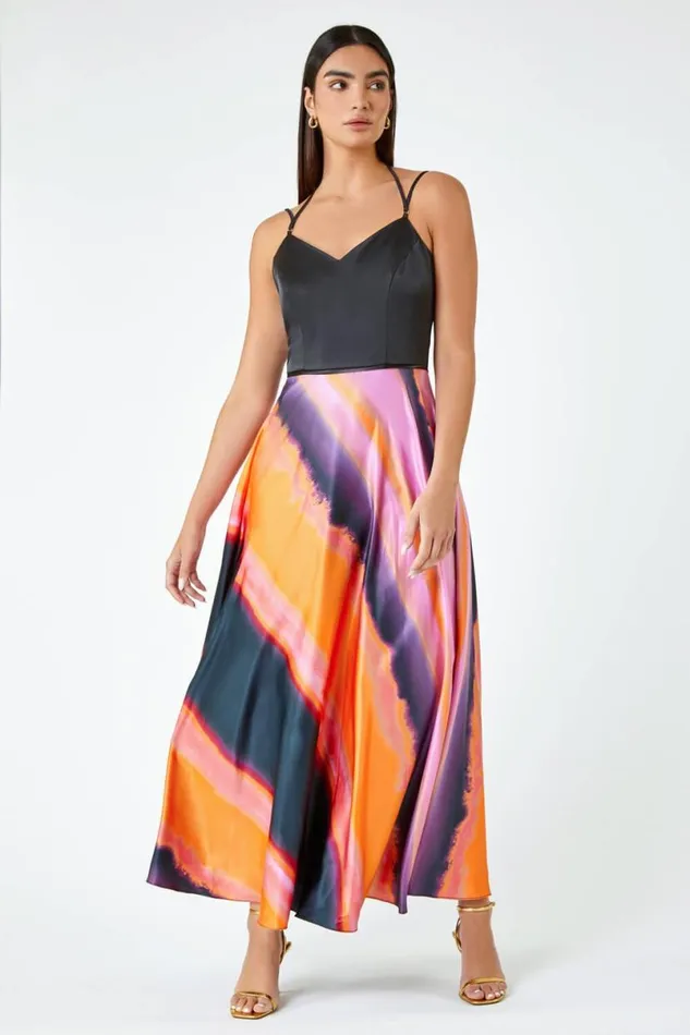Pink Luxe Colourblock Fit and Flare Maxi Dress Women Roman Dresses
