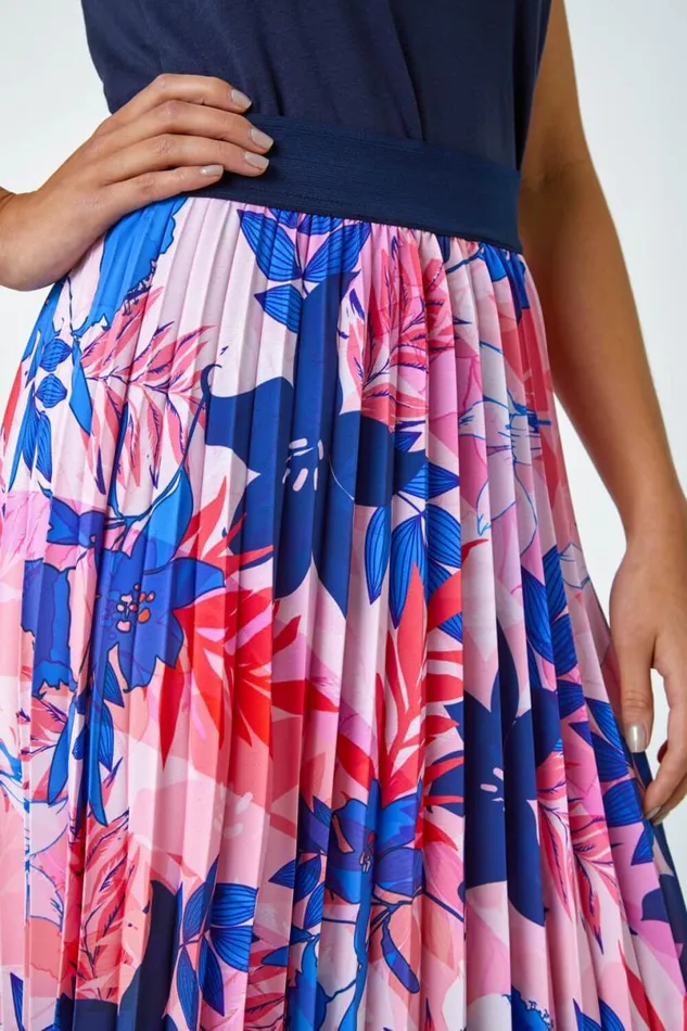Pink Petite Floral A Line Pleated Midi Skirt Women Roman Skirts