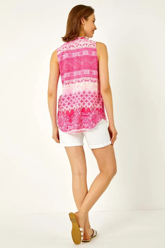 Pink Tile Print Button Through Blouse Women Roman Tops