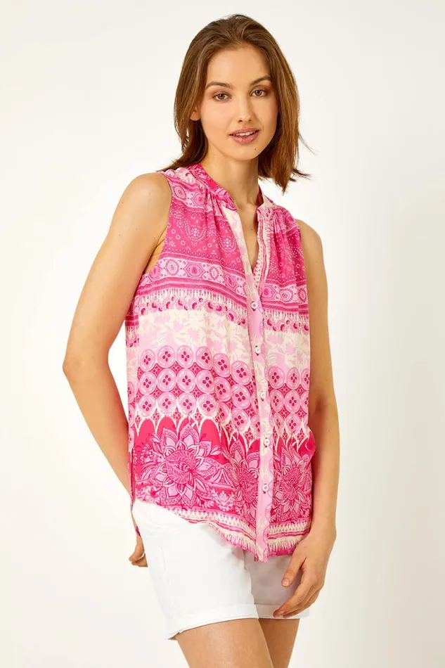 Pink Tile Print Button Through Blouse Women Roman Tops