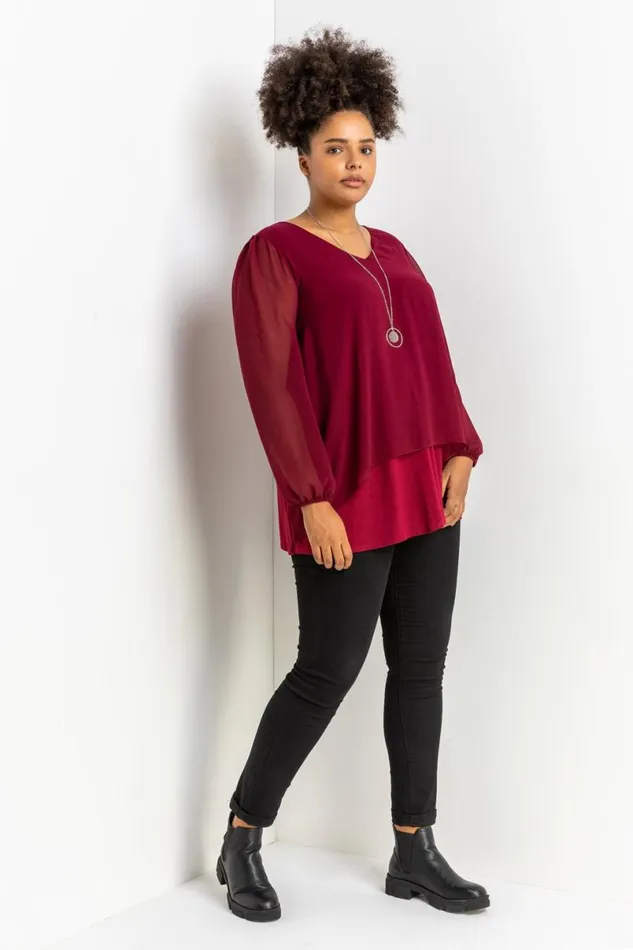 Port Curve Chiffon Top With Necklace Women Roman Tops