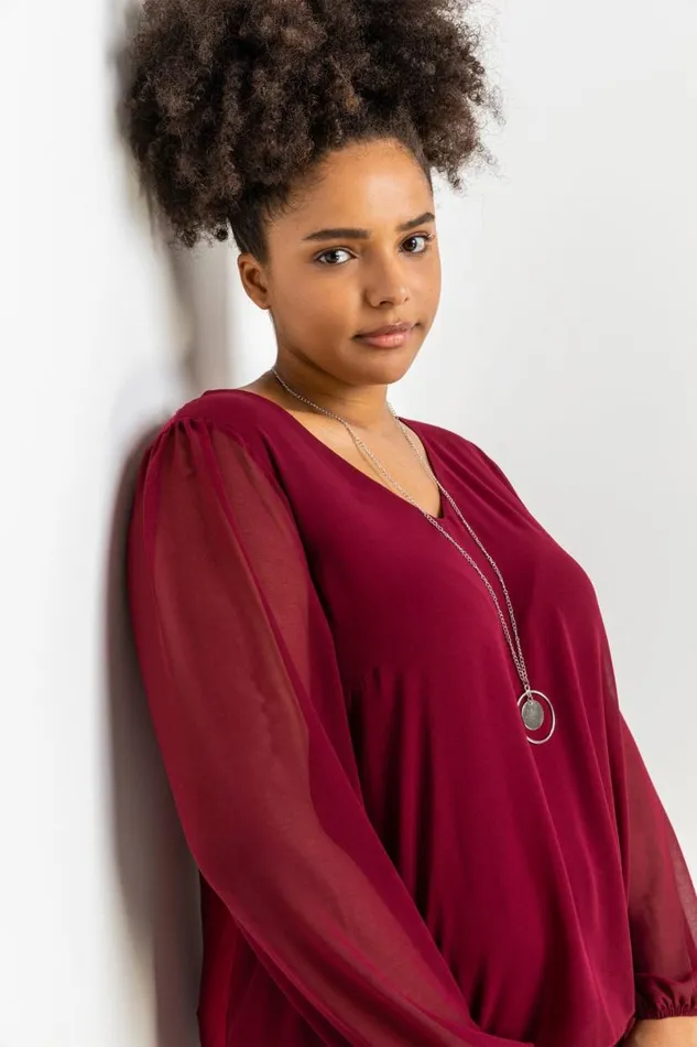 Port Curve Chiffon Top With Necklace Women Roman Tops