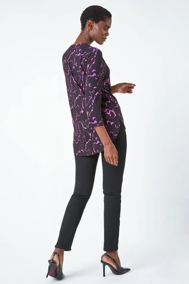 Purple Abstract Print Stretch Top Women Roman Tops