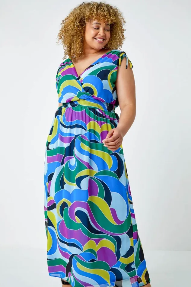 Purple Curve Abstract Shirred Chiffon Maxi Dress Women Roman Dresses