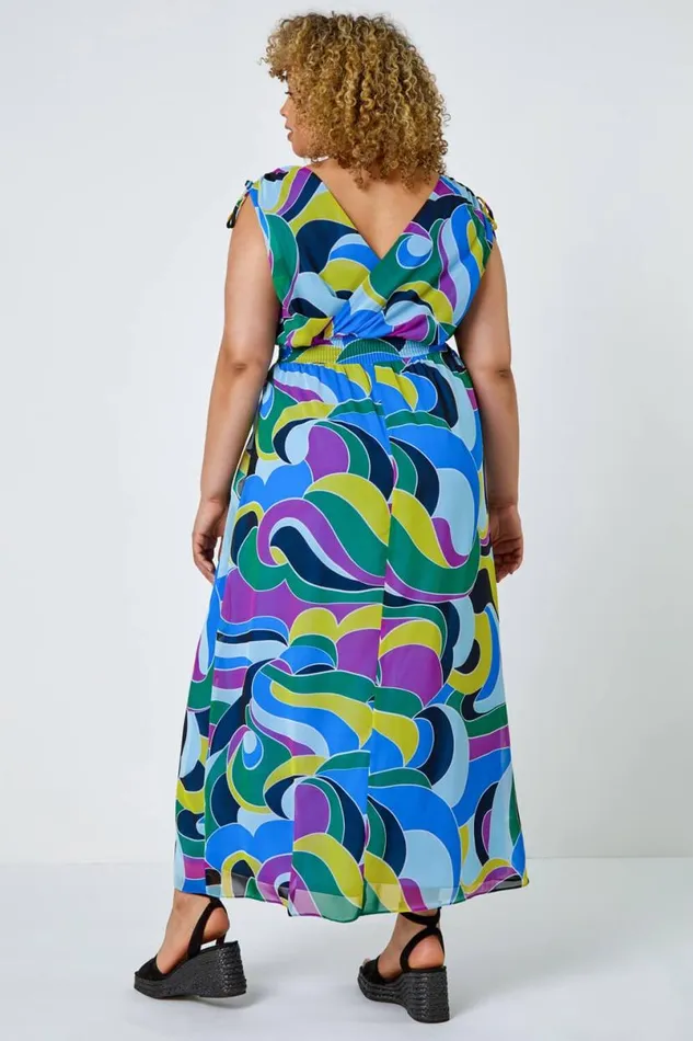 Purple Curve Abstract Shirred Chiffon Maxi Dress Women Roman Dresses