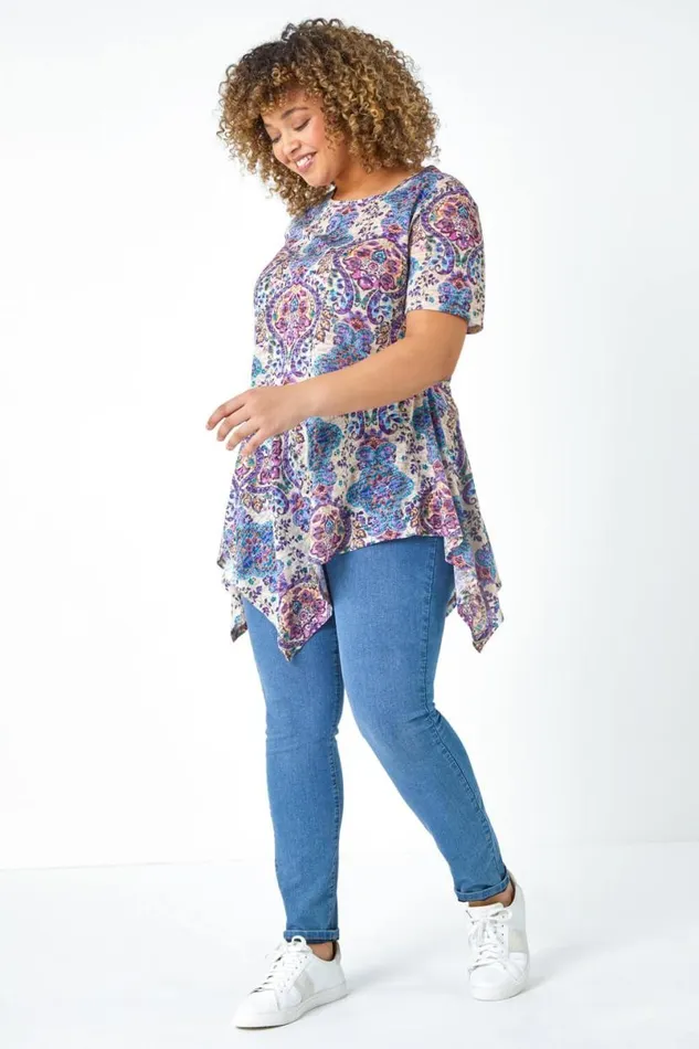 Purple Curve Paisley Print Hanky Hem Top Women Roman Tops