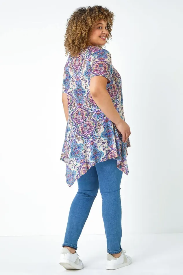 Purple Curve Paisley Print Hanky Hem Top Women Roman Tops
