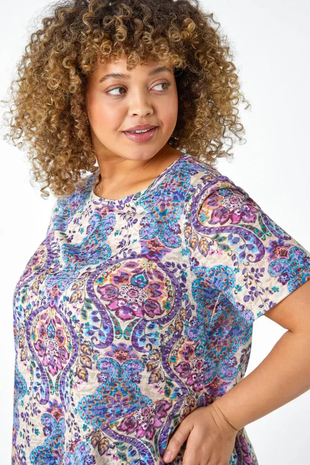 Purple Curve Paisley Print Hanky Hem Top Women Roman Tops