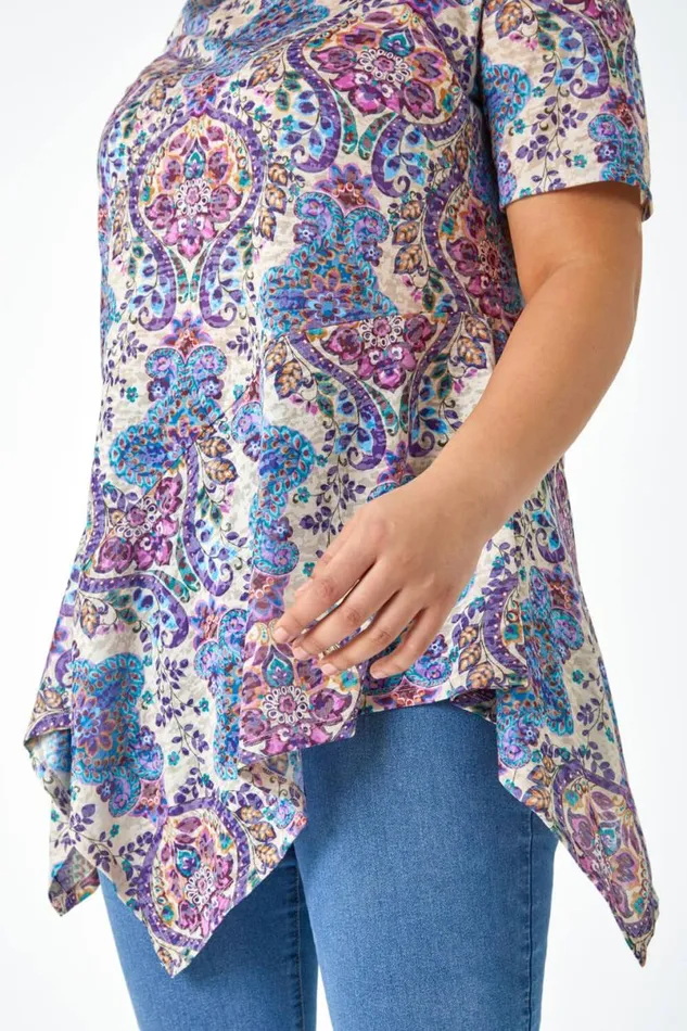 Purple Curve Paisley Print Hanky Hem Top Women Roman Tops