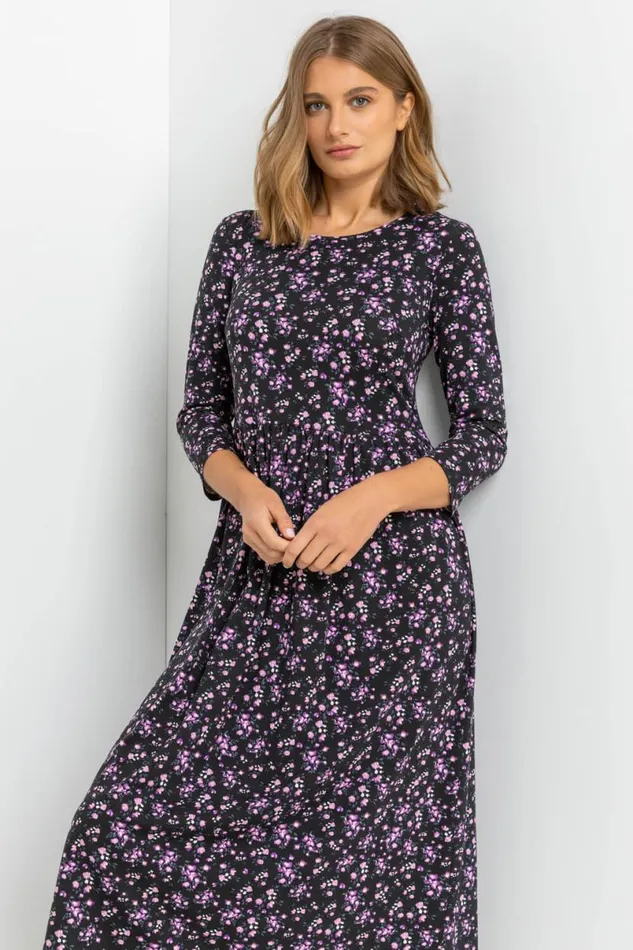 Purple Ditsy Floral Gathered Midi Dress Women Roman Dresses