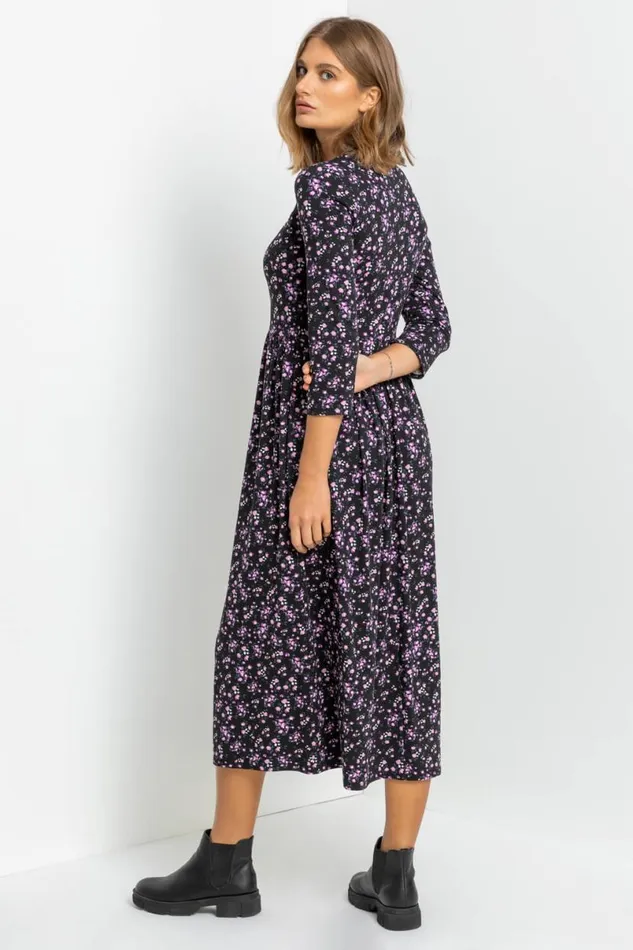 Purple Ditsy Floral Gathered Midi Dress Women Roman Dresses