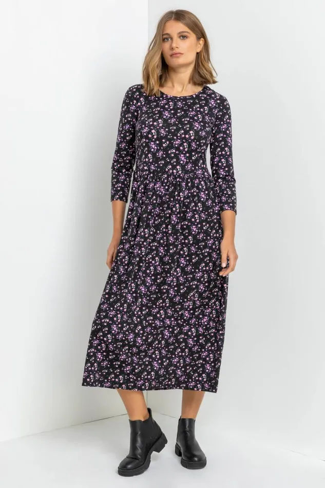 Purple Ditsy Floral Gathered Midi Dress Women Roman Dresses