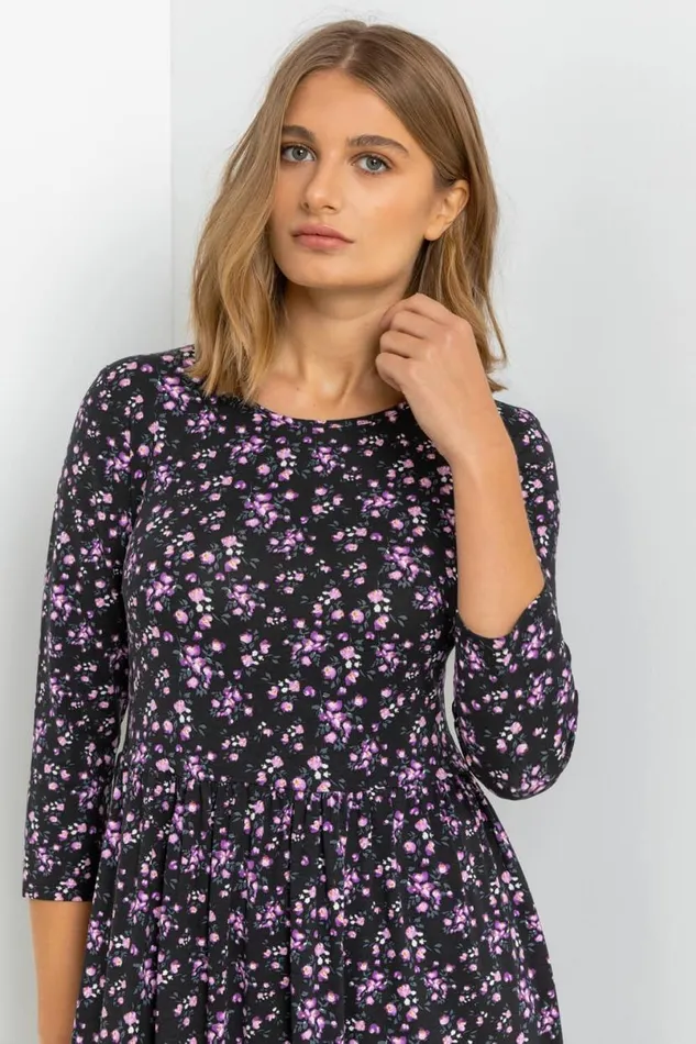 Purple Ditsy Floral Gathered Midi Dress Women Roman Dresses