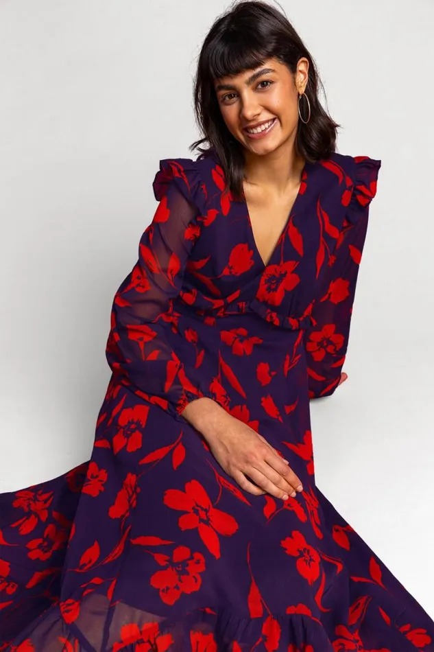 Purple Floral Print Chiffon Midi Dress Women Roman Dresses
