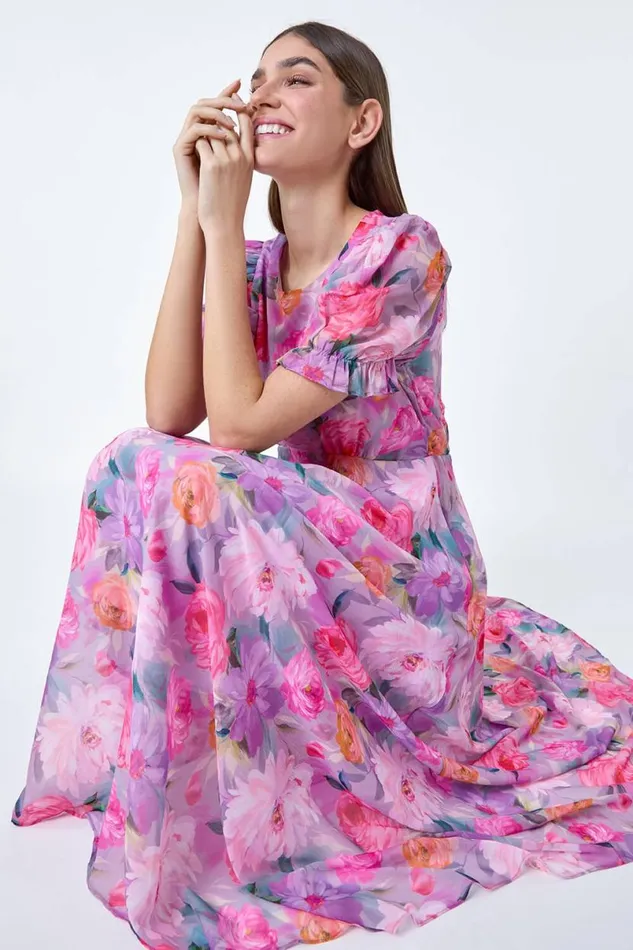 Purple Floral Print Puff Sleeve Chiffon Midi Dress Women Roman Dresses