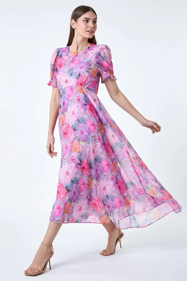 Purple Floral Print Puff Sleeve Chiffon Midi Dress Women Roman Dresses