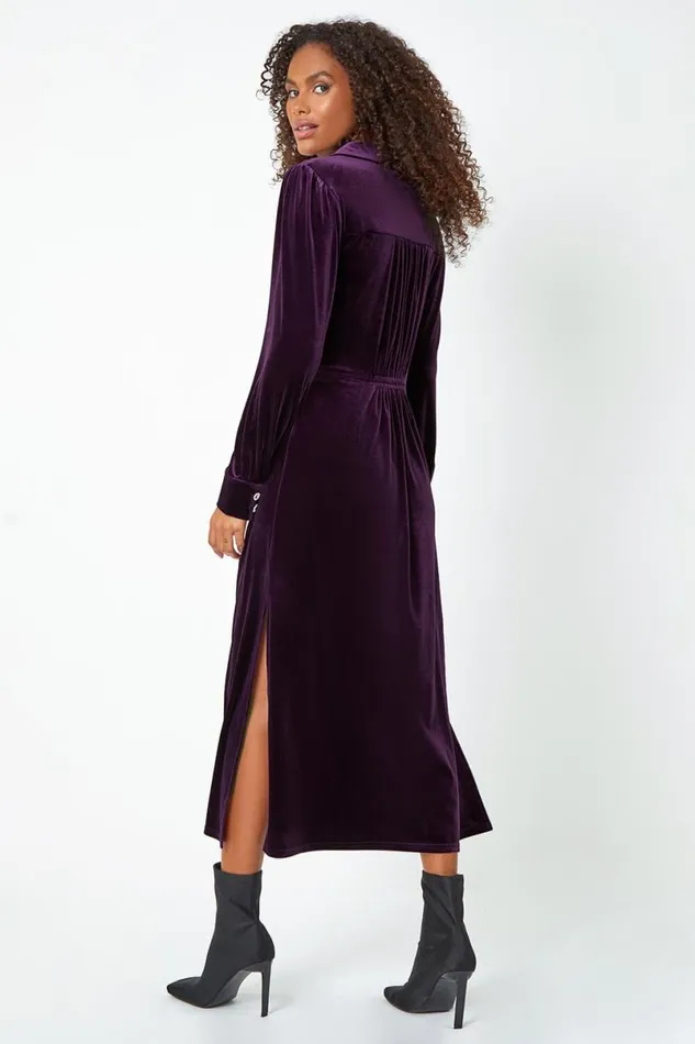 Purple Ruched Velvet Midi Stretch Dress Women Roman Dresses