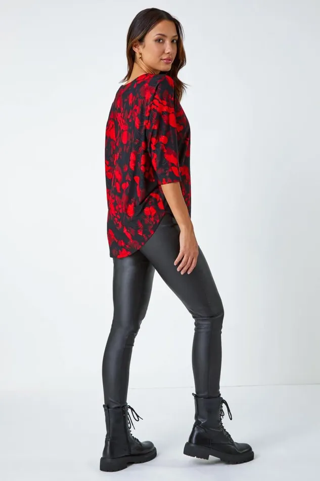 Red Abstract Raglan Sleeve Stretch Top Women Roman Tops