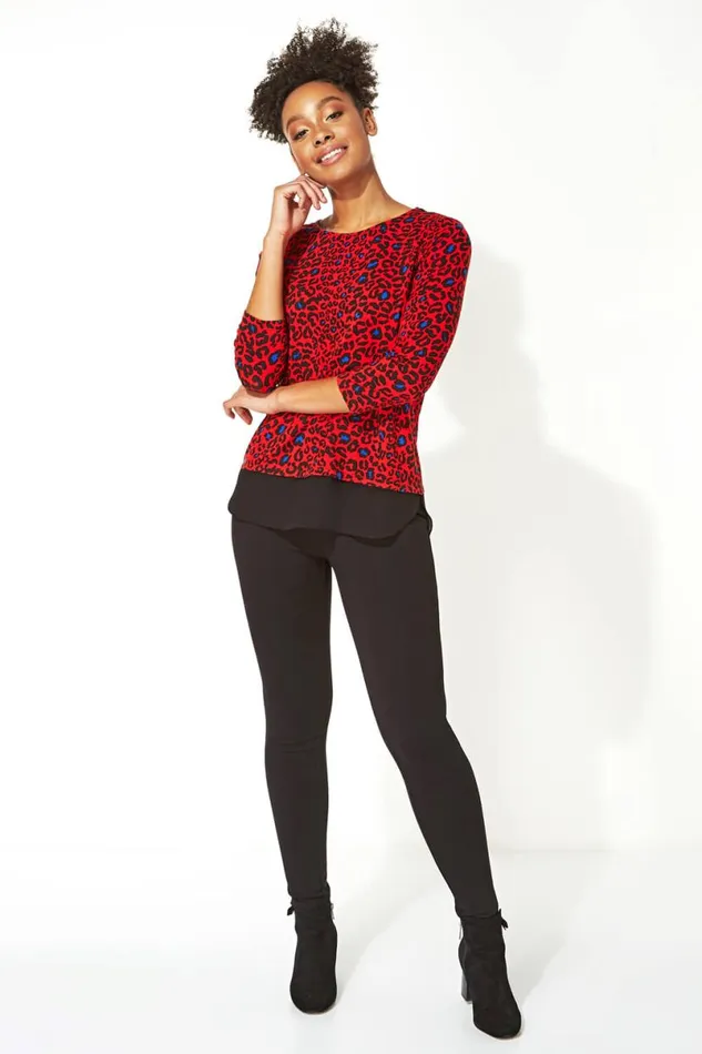 Red Chiffon Hem Animal Print Top Women Roman Tops