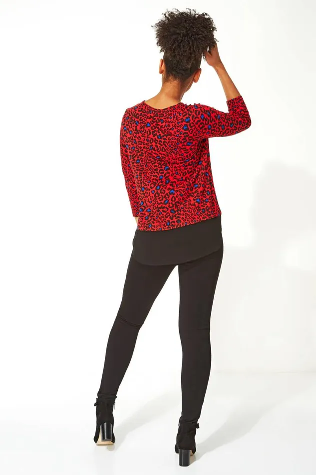 Red Chiffon Hem Animal Print Top Women Roman Tops