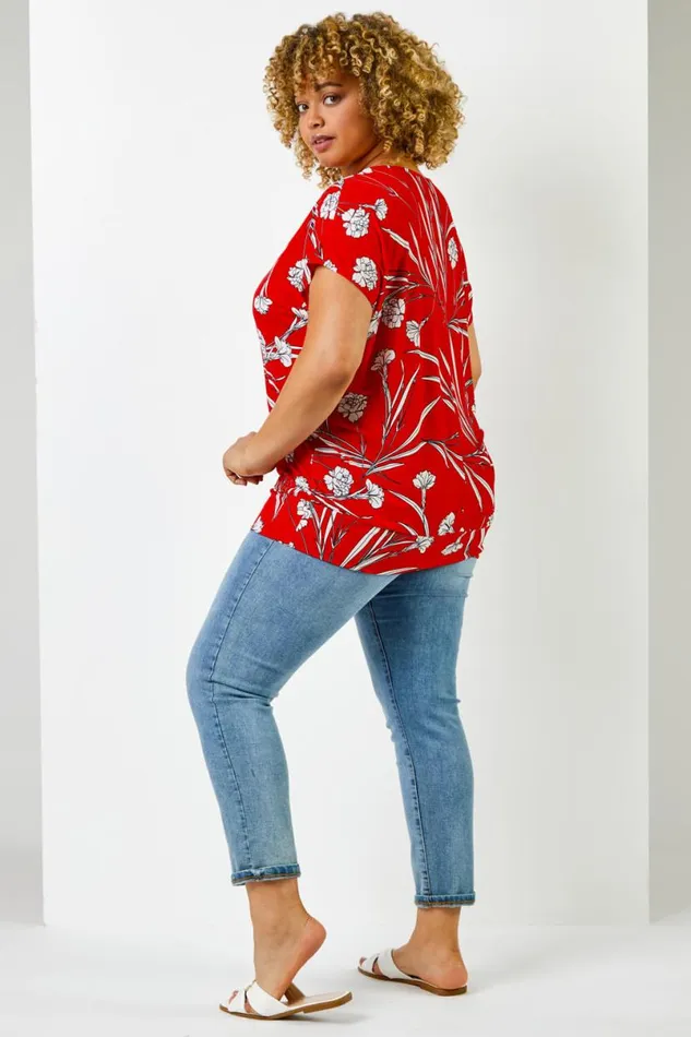 Red Curve Floral Print Keyhole Detail VNeck Top Women Roman Tops