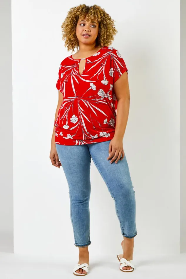 Red Curve Floral Print Keyhole Detail VNeck Top Women Roman Tops