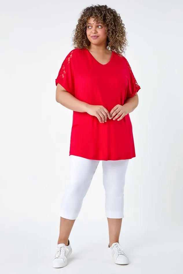 Red Curve Lace Shoulder Stretch Jersey TShirt Women Roman Tops