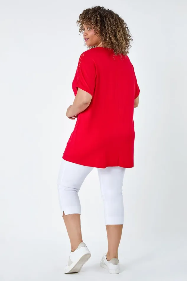 Red Curve Lace Shoulder Stretch Jersey TShirt Women Roman Tops