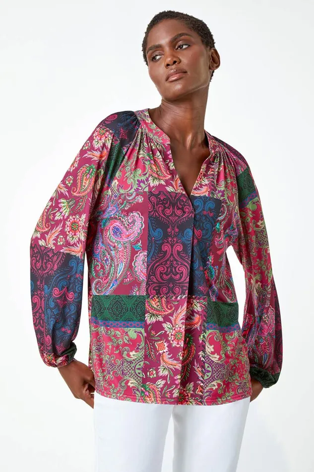 Red Patchwork Print VNeck Stretch Jersey Shirt Women Roman Tops
