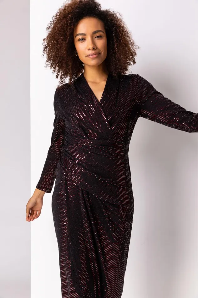 Red Sequin Embellished Ruched Wrap Dress Women Roman Dresses