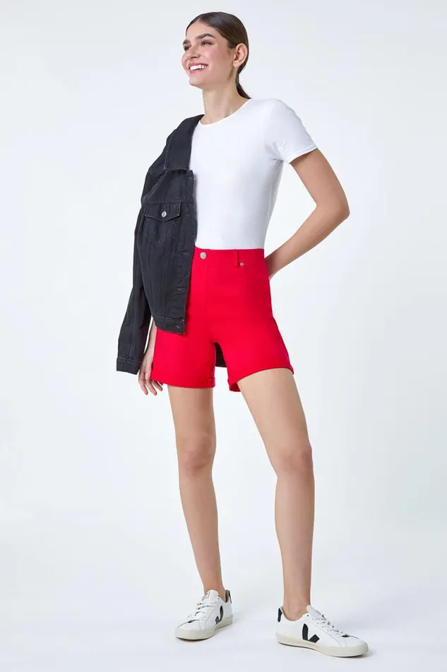 Red Stretch Elastic Waist Turn Up Shorts Women Roman Coords