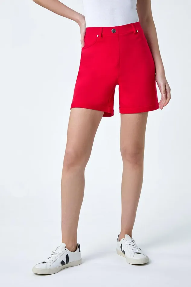 Red Stretch Elastic Waist Turn Up Shorts Women Roman Coords